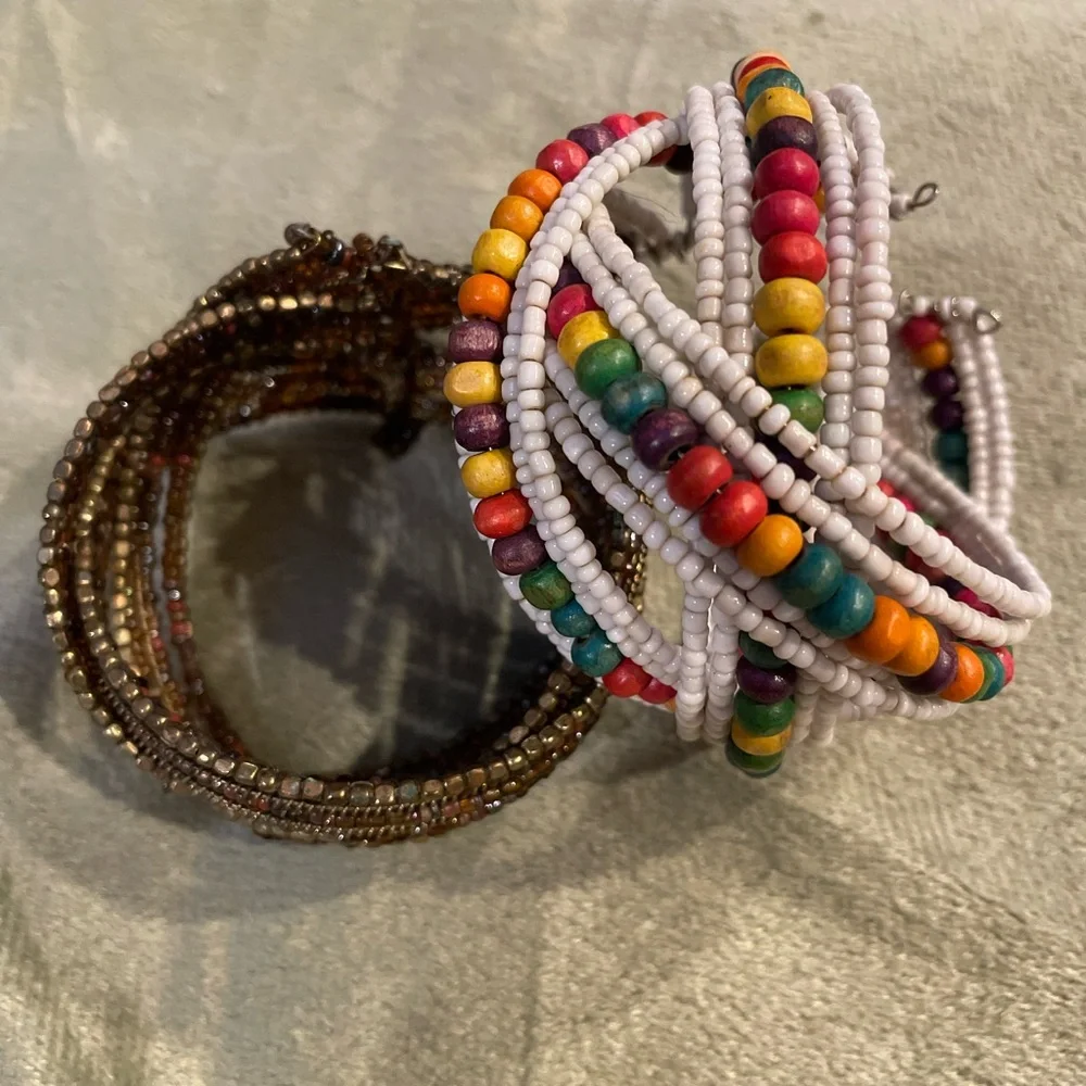 Set of 2 Boho Beaded Cuff Bracelets. Brown & Multi Colored Tones